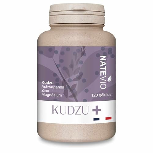 NATEVIO Kudzu Plus - 120 gélules - Complexe Renforcé 4 actifs (Kudzu, Ashwagandha, Magnésium, Zinc) - Sevrage efficace - Complément alimentaire stress et surmenage - Calmant - Fabriqué en France