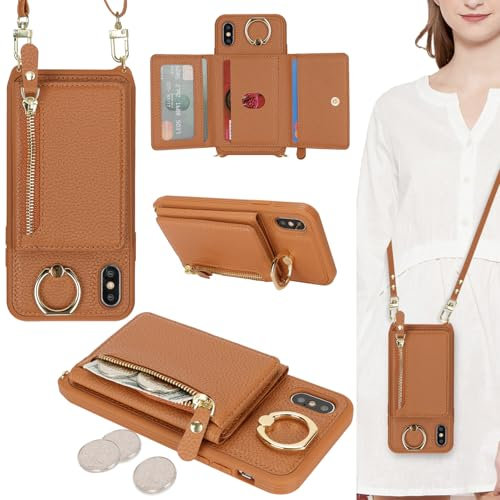ELTEKER Handyhülle für iPhone X/XS Hülle mit Band Kartenfach Ringhalterung Geldbörse,Leder Klapphülle Umhängetasche Handytasche für iPhone X/XS - braun