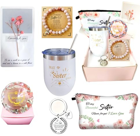Sister Gifts, Sister Birthday Gifts, Christmas & Birthday Presents, Hamper | Birthday Gifts for Sister Adult, Gifts for Sister on Her Birthday, Tumbler, Makeup Bag, Heart Crystal & Keychain Hamper Set