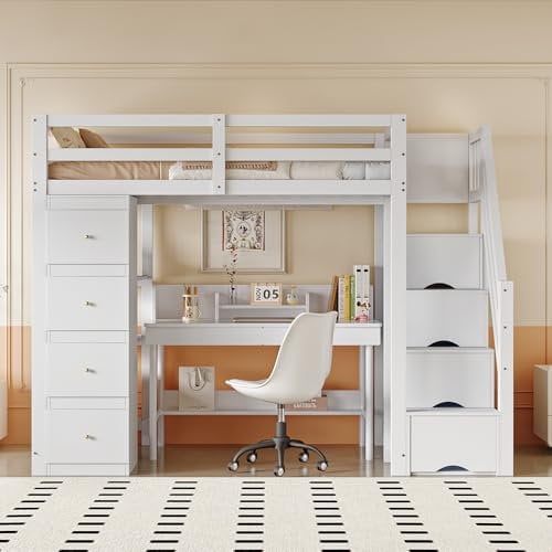 Arhatreya Hochbett 90x200 cm, Kinderbett mit Regalen, Jugendbett mit Schubladen, Massivholzbett mit Sicherheits-Kletterleiter, Holzbett für Kinder Jugendliche (Ohne Matratze) Weiß