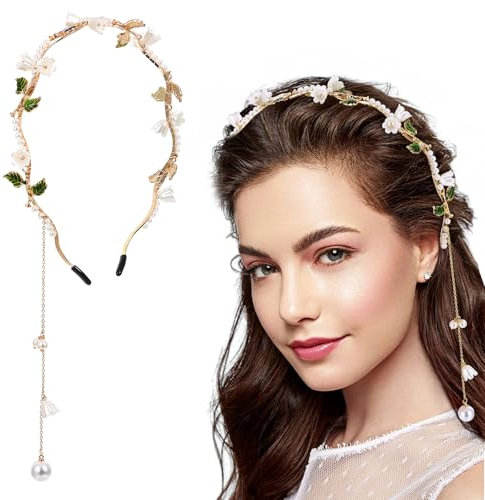 Teaaha Haarreifen Damen, Haarschmuck Kommunion mädchen Goldenes Blumen-Haarband Blumen Stirnband mit Quasten für Mädchen, Haarranke, Blattgold, Boho Stirnband Hochzeit Party Strass Kopfband