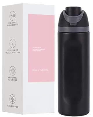 Botella de agua aislada al vacío reutilizable para deportes y viajes, botella de acero inoxidable para hombre y mujer (negro)