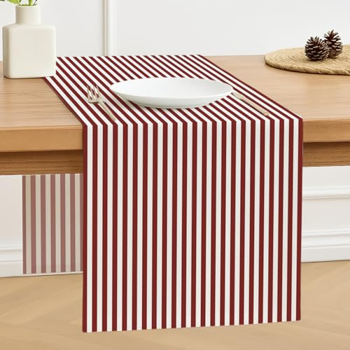 Luzzxfa Tischläufer Rot Streifen Modern Frühling Tischläufer Dekoration Tischdecke Tischdeko Outdoor Leinen Table Runner Abwaschbar für Hochzeit Esszimmer Party Urlaub Dekor 33 x 183 cm