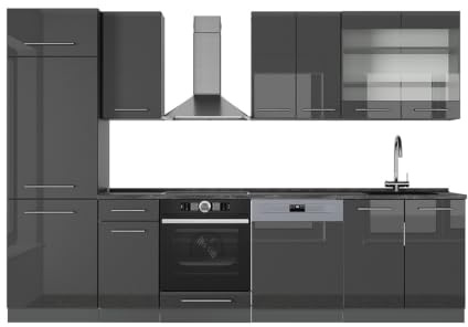 Vicco Küchenzeile Fame-Line, Anthrazit Hochglanz, 300 cm | 8 Module · Höhenverstellbare Füße · Arbeitsplatte Anthrazit · MDF-Fronten · Softclose · Metallgriffe