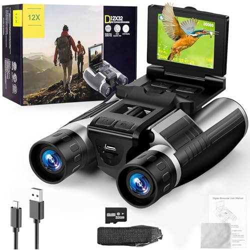 2.4 Binoculars with Camera, 12x32 Digital HD Binocular Camera 48MP Picture 2.5K Video 8X Digital Zoom, 32G Binoculars for Bird Watching Outdoor Adventures