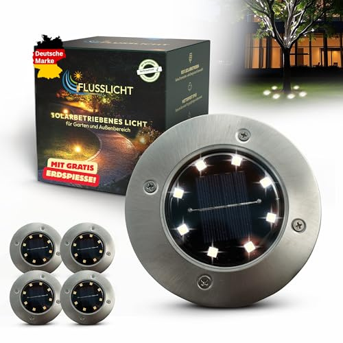 FLUSSLICHT Solar Bodenleuchten 4er-Set Kaltweiß inkl. 2 Ersatz-Erdspieße | Klare Sicht & Sicherheit für Gartenwege und Einfahrten | IP65 wasserdicht | Edelstahl | Automatik bis 10 Std. Leuchtdauer