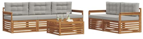 vidaXL Outdoor-Sofagarnitur mit Kissen 6 pcs Natürlich und Hellgrau, Garten, modernes Outdoor-Sofa, gemütliche Terrassen-Sitzgruppe aus robustem Material