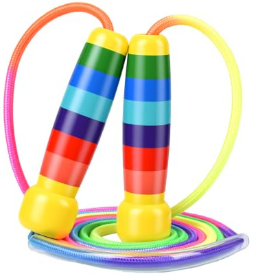 OTraki Corda per Saltare Bambini 2,5 m Regolabile Arcobaleno con Tubo Gomma Trasparente e Manico Legno, Corda Antiusura per Saltare con Nylon Elastico, Hüpfseil Saltello