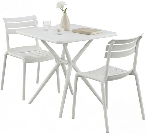 CLP Gartenmöbel-Set wetterfest Vela, mit 2 Stapelstühlen und quadratischem Esstisch 72x72cm, Sitzgruppe für Balkon, Terrasse und Garten, Farbe:weiß