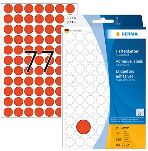 HERMA 2232 Punktaufkleber Klebepunkte rot, 2464 Stück, Ø 13 mm, 77 pro Bogen, selbstklebend, Markierungspunkte für Kalender Planer Basteln, matt, blanko Papier Farbpunkte Aufkleber