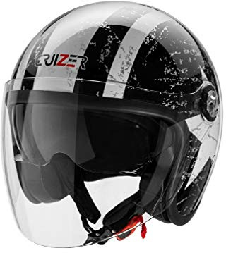 CRUIZER - Casco omologato nero lucido per scooter moto Demi Jet con grafica stella, doppia visiera, interni antibatterici ed anallergici (L)