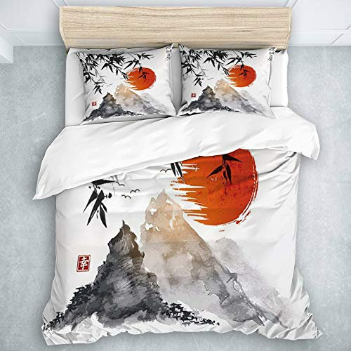 MIGAGA Collection Bettwäsche-Set,Japanische Bambusbäume Sun und Berge imprägniern asiatische Tinten-Malerei,Bettwäsche 3 teilig,1 Bettbezug 135 x 200 cm+2 Kopfkissenbezug 50 x 80 cm