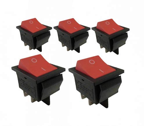 5 Stück Einbau Wippschalter 2 polig (4pin) 16A 250VAC 28.5 * 21.5mm Wippe unbeleuchtet (Rote Wippe)