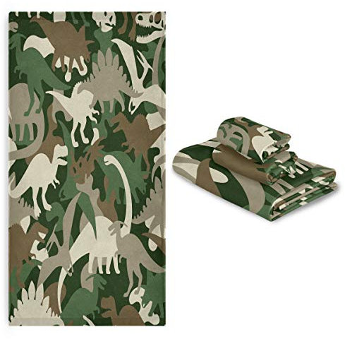 MNSRUU 3-teiliges Handtuch-Set, Camouflage-Dinosaurier-Badetuch aus weicher Baumwolle, Waschlappen für Badezimmer, Spa, Fitnessstudio, Hotel