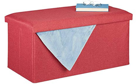 Relaxdays Sitzbank mit Stauraum, Leinen-Optik, gepolstert, Flur, Schlafzimmer, Truhenbank, HBT: 38 x 76,5 x 38,5 cm, rot
