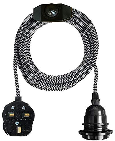 Retro Industrial E27 Plug in Pendant Light with Dimmer Switch, 4m Meter with in-Line On/Off Switch Fabric Flex Cable 2 Core with 60W Screw Lamp Holder Hanging Pendant Lighting UK