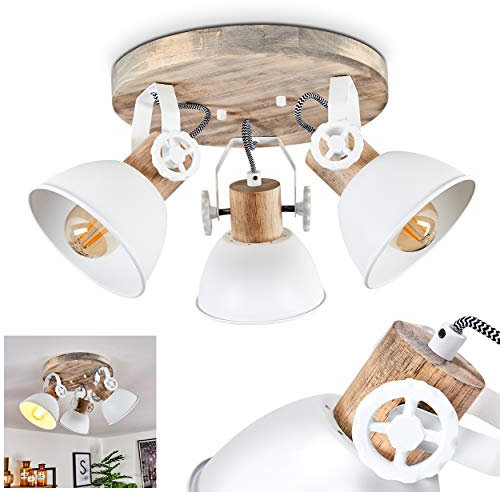 Deckenleuchte Orny, 3-flammige Zimmerlampe aus Holz und Metall in weiß, Industrial/Vintage Look Deckenstrahler, Rondell mit 3 x E27, die Leuchtenköpfe sind verstellbar,ohne Leuchtmittel