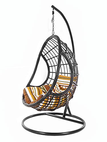 Kideo Komplettset: großer Hängesessel mit Gestell & Kissen, Korbsessel, Poly-Rattan, schwarz (Kissen: bunt Gemustert Chesterstepp (8640 Retro Stripes), Korb & Gestell: schwarz)