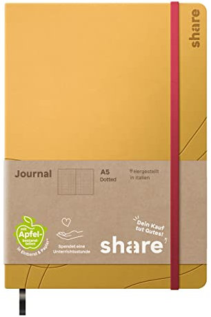 share Journal A5 punktkariert – Notizheft spendet eine Unterrichtsstunde für ein Schulkind – Upcycling Notizbuch aus Apfelschalen – gelb