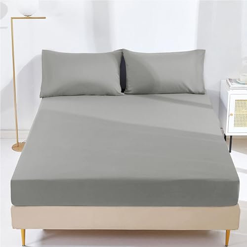 AR Ware Double Fitted Sheet Non Iron Wrinkle, 25cm Deep Ultra Soft Microfiber Elastic Fitted Bed Sheets Easy Care, Fade Resistant (Grey)