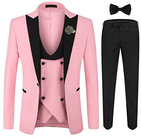 YOUTHUP Costume Smoking Homme 3 Pièces pour Mariage Business Fête Confort Elégant Blazer et Pantalon Gilet Noeud Papillon Rose S