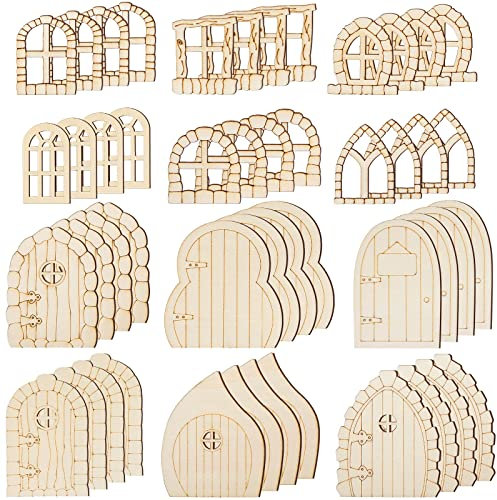diyfixlcd 48 Stück Feentür Holz Gartentüren Handwerk Mini Fenster Feenhaus DIY Kit Unlackierte Miniaturtür Unlackiert Feenfenster Zubehör für Wand Home Party Dekoration (Antiker Stil)