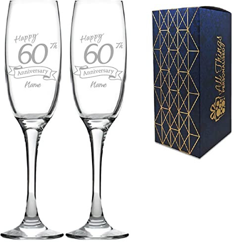Personalised Engraved 60th Anniversary Glass Set of Two, Imperial Champagne 7.5oz Glass, Engraved in The UK, Personalise with Any Name, Thoughtful Customised Gift