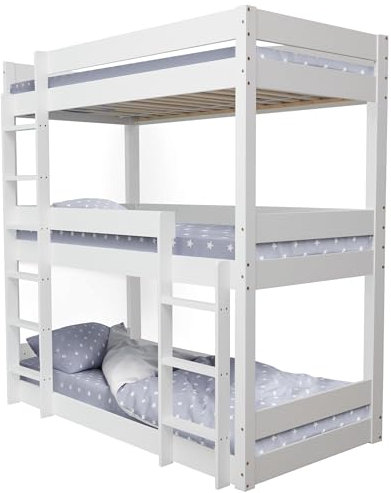 Blisswood 3ft Triple Bunk Bed for Kids & Teens, Solid Pine High Sleeper with Ladder, Wooden Space Saving Bunk Bed Frame for Bedroom, White (L197 x W96 x H198 cm)
