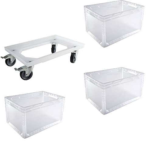Set 3 Euroboxen + Rollwagen Transportwagen Transportroller Eurobehälter Lagerbox Milchig Kistenroller Behälter Lagerkiste Stapelbox Lagerkasten Box Euronormbox Eurokiste Milchig