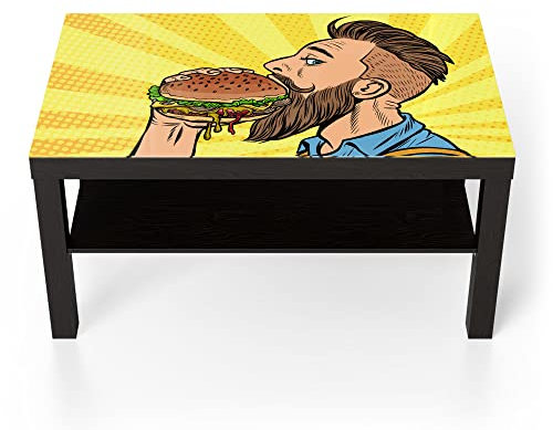 DEQORI Glastisch | schwarz groß 90x50 cm | Motiv Bärtiger Mann isst Burger | ausgefallener Beistelltisch aus Glas | Hochglanz Couchtisch fürs Wohnzimmer | moderner Couch Tisch mit Design