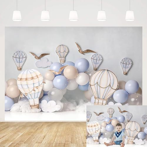MEHOFOND 7x5ft Boy Birthday Photography Backdrop Blue and Brown Hot Air Balloons White Cloud Newborn Portrait Professional Background Banner Family Party Cake Smash Decor Photo Studio Booth Props