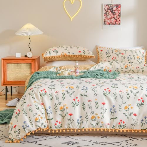 Freyamy Bettwäsche 135x200cm 2teilig Weiß Bunt Blumen Pompons Wendebettwäsche Microfaser Weiche Bettwaren-Sets Romantisch Mädchen Bettbezug mit Reißverschluss und Kissenbezug 80x80cm