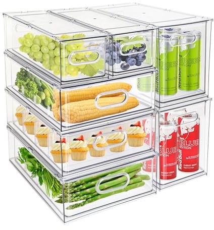 Eanpet Transparenter Kühlschrank-Organizer, Schublade, ausziehbare Schubladen für Küchenschrank, Organisation, stapelbar, Kühlschrank-Organizer, Behälter mit Griff, geteilt, für Obst, Gemüse, Ei