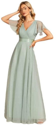 Kleid für die Brautmutter für Damen, V-Ausschnitt, bodenlang, Maxikleid, Chiffon, Brautjungfernkleid, Mint Gn, 46