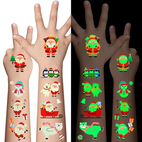 Awinway Leuchtende Weihnachten Tattoos Kinder - 120 Stücke Weihnachten temporäre Tattoo-Aufkleber für Jungen Mädchen,Weihnachten Party Favors Kinder Strumpf Stuffers und Geschenke 10 Blätter