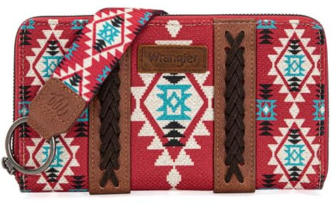 Wrangler Geldbörse für Damen, Western-Azteken-Clutch, Handgelenktasche mit Kreditkartenfach, Burgunder, Trendig