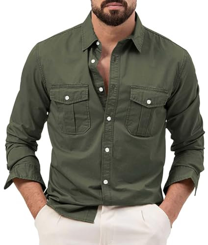 BiCophy Mens Long Sleeve Safari Shirts Casual Loose Tactical Cargo Work Shirts Outdoor Lightweight Button Down Hiking Travel Shirts