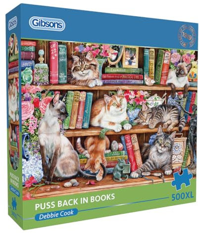 Puss Back in Books | 500XL Piece Cats and Books Jigsaw Puzzle | Animal Jigsaw Puzzle | Extra Large Piece Jigsaw Puzzle for Adults | Premium 100% Recycled Board | Great Gift for Adults | Gibsons Games