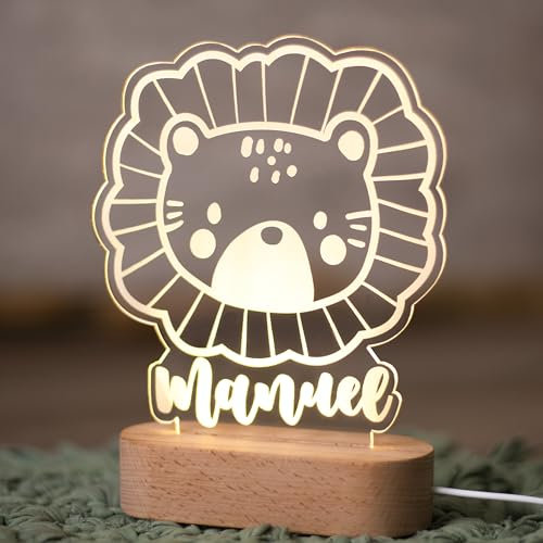 Lampara Quitamiedos Infantil Personalizada con Nombre Bebés Recien Nacidos de Metacrilato Acrilico Madera con Led Luz Nocturna Mesita Noche (León)