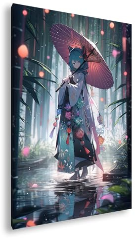 Leinwandbild Anime Stil, Kimono, geheimnisvoller Bambuswald Format: 70x50 cm XXL Kunstdruck Bild auf Keilrahmen/Wandbild/Wohnzimmer Deko