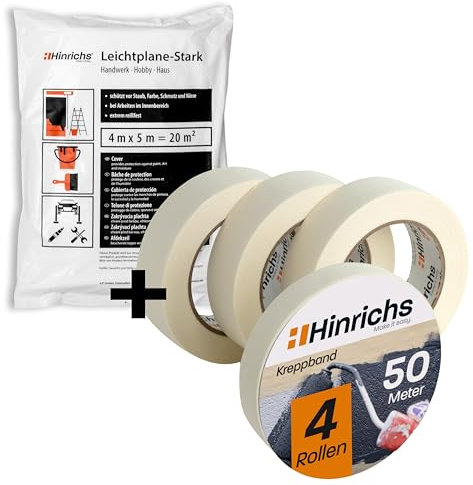 Hinrichs 4x Kreppband & 8x Abdeckfolie - Abklebeband 3 Rollen 50m x 30mm + 1 Rolle 50m x 20mm -Je Malerfolie 4x5m für insgesamt 160qm - Maler Klebeband & Abdeckplane zum Streichen und Lackieren