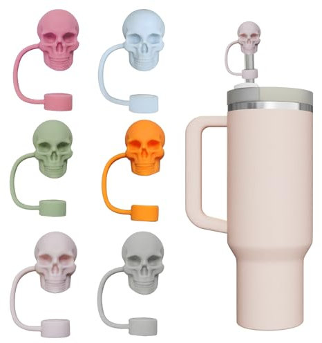 6 PCS Cute Skull Straw Covers Cap for Stanley Cup 30 40 oz, 10mm 0.4in Silicone Reusable Drinking Straw Toppers, Funny Tumbler Accessories for Halloween Christmas Gifts