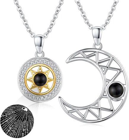 REDSUN Sonne und Mond Halskette 925 Sterling Silber 100 Sprachen Ich Liebe Dich Kette 2 Stücke BFF Anhänger Paar Halskette Keltisches Schmuck Geschenke für Paare lieben Frauen Mädchen