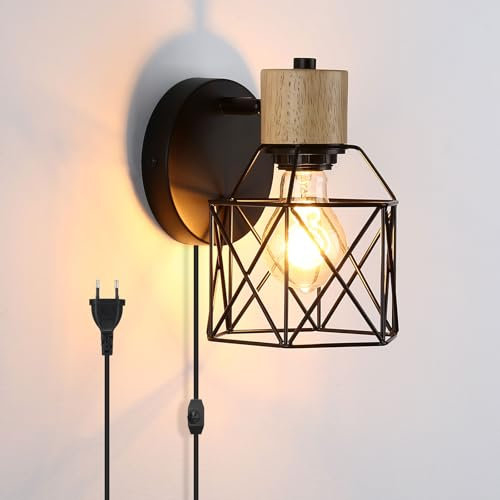 Lightess Aplique con Interruptor e Cable Enchufe, Lampara de Pared Regulable, Vintage Industrial E27 Luz de Pared Madera Metal Jaula para Salón Dormitorio Pasillo