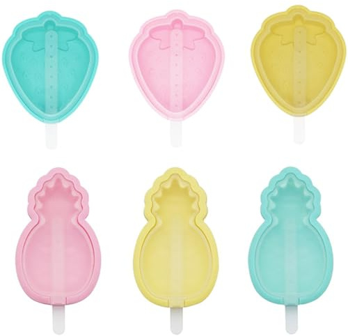 FANXIYA 6 Pièces Moules à Glace Silicone avec Bâtonnets, Créateur de Mini Glaces Individuelles avec Couvercles, Bac à Glace Maison pour Enfants (Grand Fruit)