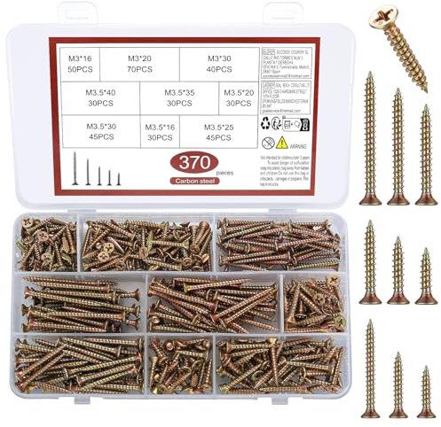 370 Stück M3/M3.5 Holzschrauben Set, selbstschneidende Schrauben Set, Trockenbauschrauben, Flachkopf Kreuzschlitzschrauben, Spanplattenschrauben, selbstbohrende Schnellbauschrauben Sortiment