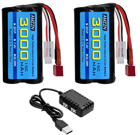 AMZZN 2 pièces 7,4V 3000mAh 15C 2S T fiche Li ION Batterie + Chargeur 2 en 1 pour WLtoys 12423 12401 12403 12428RC Voiture Haute Vitesse 1/10, 1/12, Ratio 1/16 RC camions, navires RC