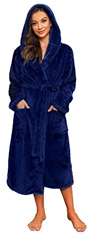 HEARTNICE Bademantel Damen Kapuze flauschiger Bademäntel Fleece Kuschel Bademantel Plüsch Morgenmantel Hausmantel (Marineblau, S/M)