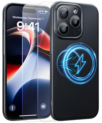 Natiiozie Ultra Dünn Magnetische Handyhülle Kompatibel mit iPhone 15 Pro Hülle Kompatibel mit MagSafe mit 2 Stück Schutzfolie, PC Slim Leicht Kratzfeste Stoßfest Schutzhülle Case - Schwarz