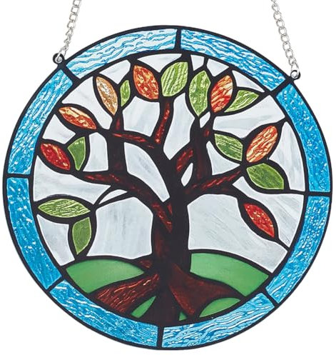 CREATCABIN Arbre Vie Vitrail Suspendu Attrape Soleil Panneaux Fenêtre Verre Acrylique Fenêtre Tenture Murale Ornement Peint Main Panneau Verre Décor avec Chaîne Alliage pour Cadeau Femmes Noël 15x15cm